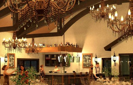 Elegant restaurant interior with chandeliers, arched beams, and a bar area. Several people are engaged in conversation and dining. Tables are decorated with white tablecloths and greenery.