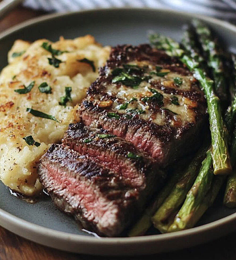 A plate with a grilled steak sliced in half, roasted asparagus spears, and a serving of cheesy potato gratin, garnished with chopped herbs.